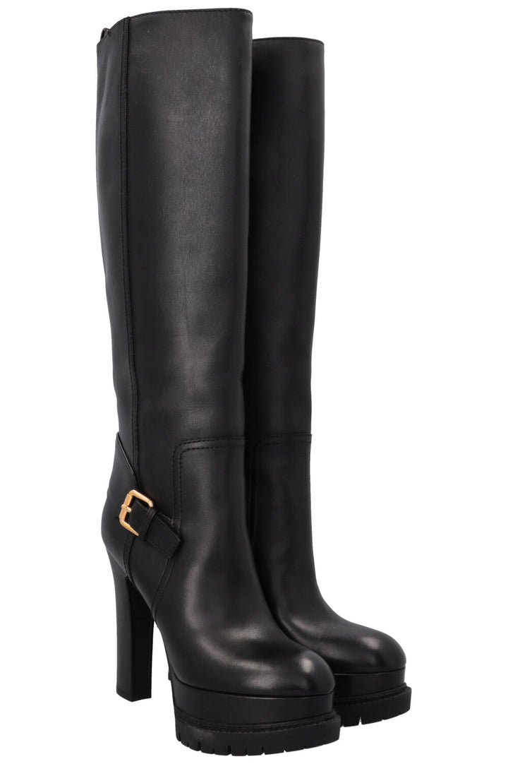 LOUIS VUITTON Plateau Buckled Knee High Boots Leather Black