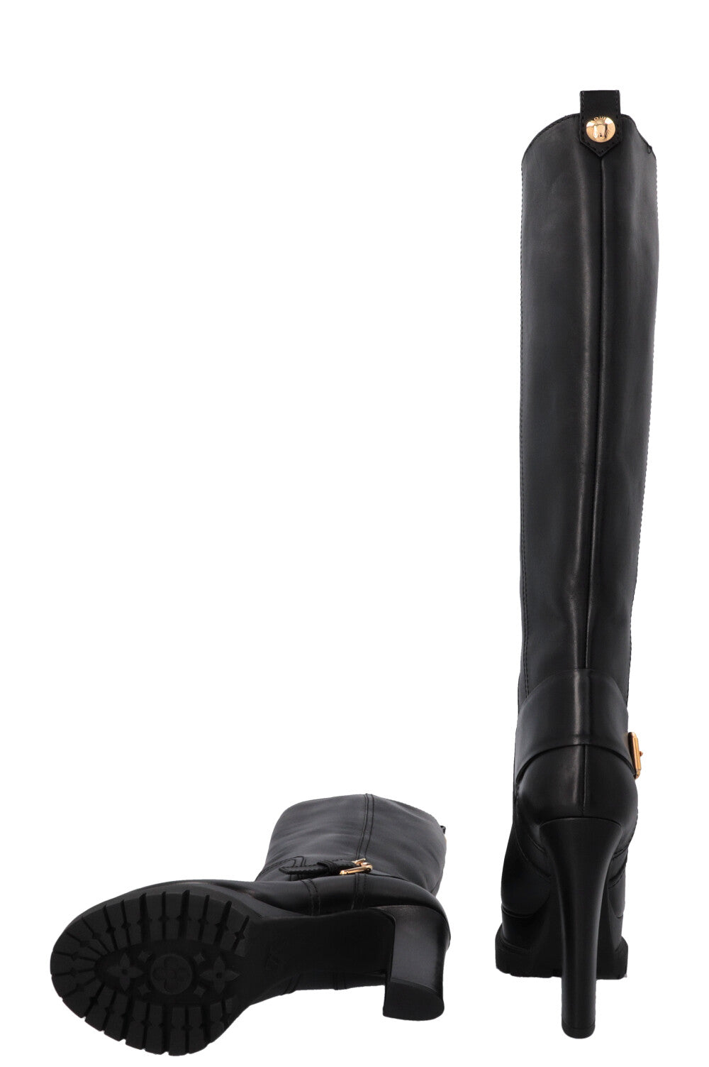 LOUIS VUITTON Plateau Buckled Knee High Boots Leather Black