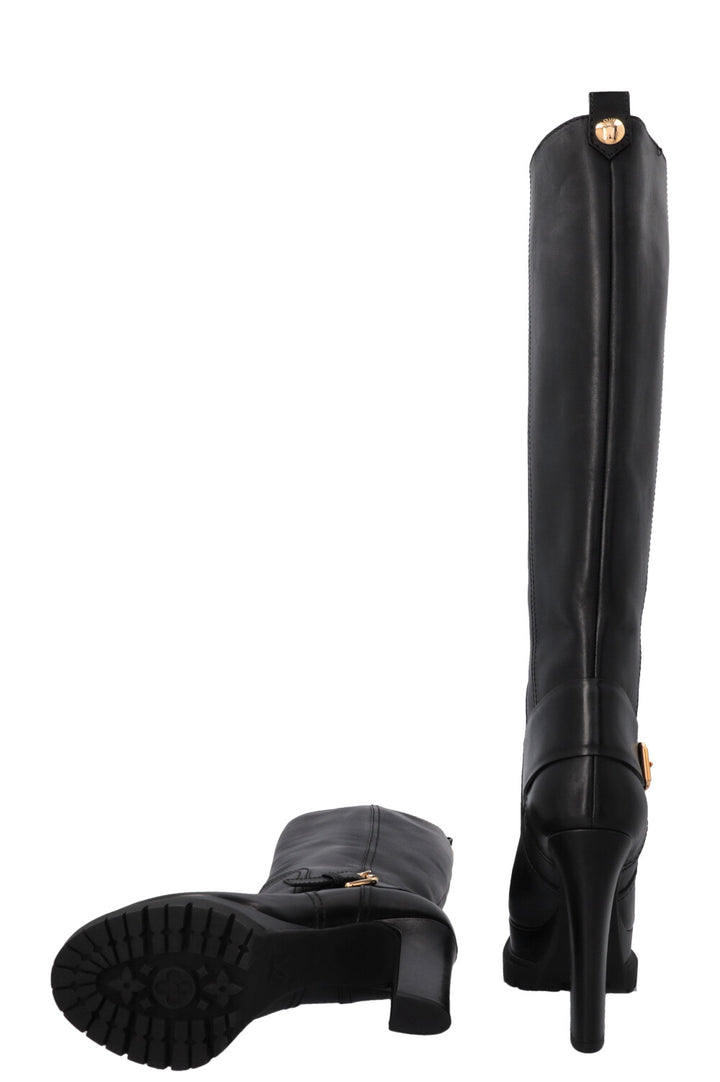 LOUIS VUITTON Plateau Buckled Knee High Boots Leather Black