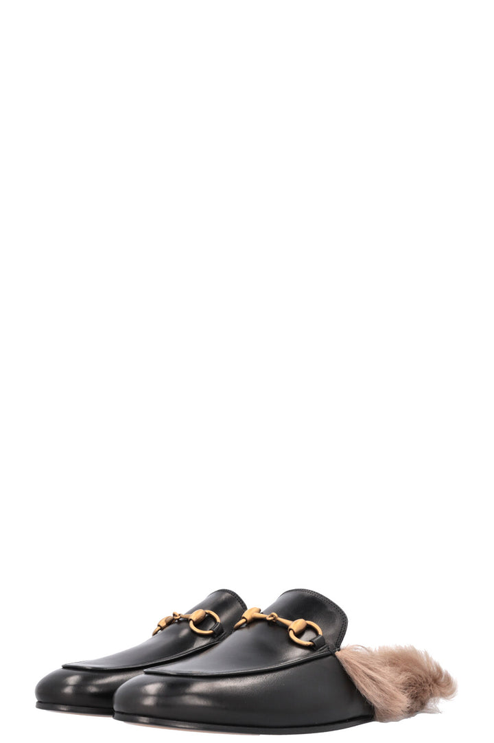 GUCCI Fur Princetown Mules Black Leather