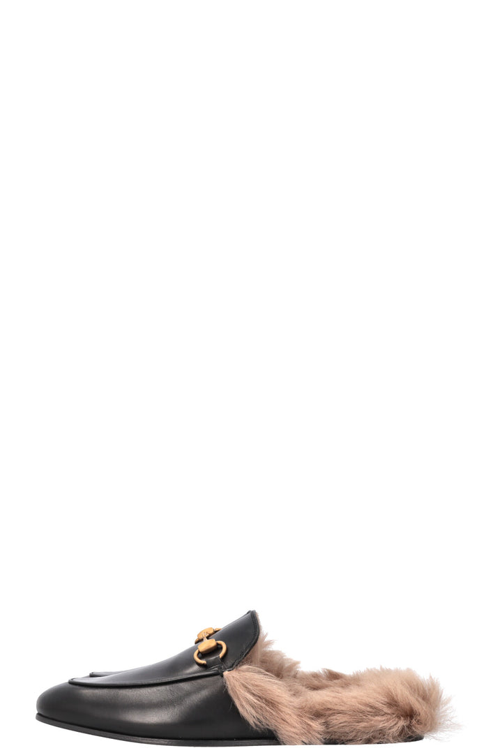 GUCCI Fur Princetown Mules Black Leather