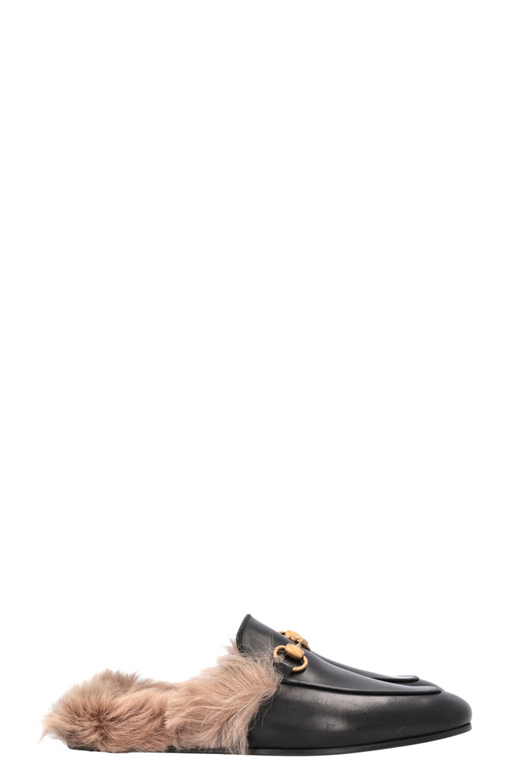 GUCCI Fur Princetown Mules Black Leather