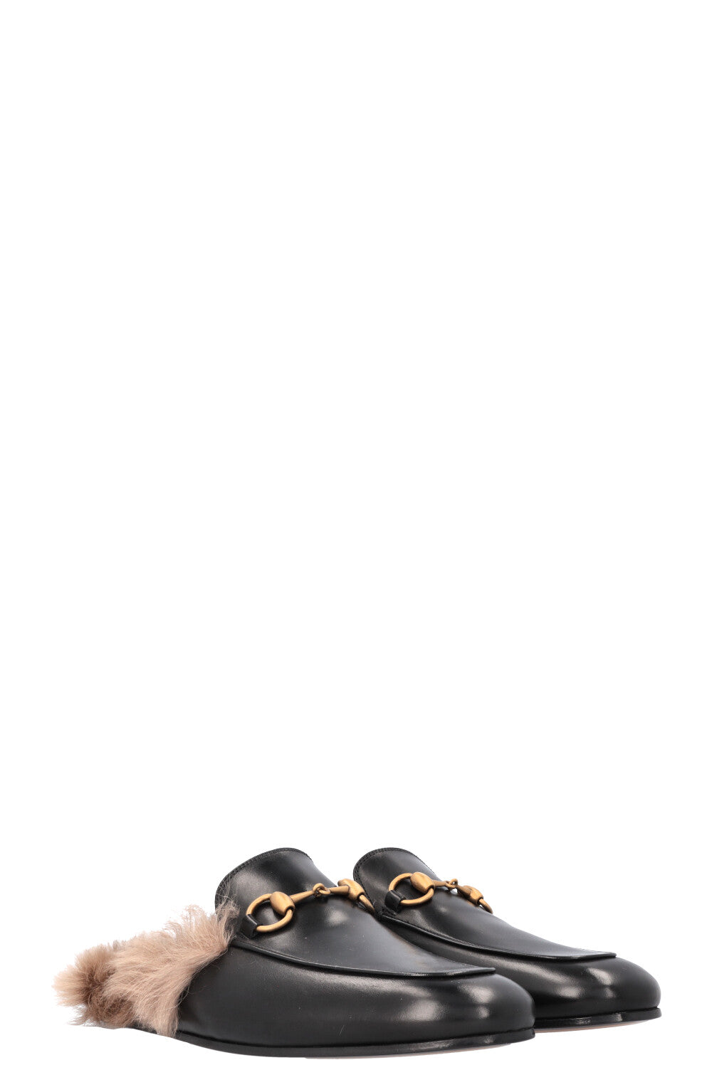 GUCCI Fur Princetown Mules Black Leather