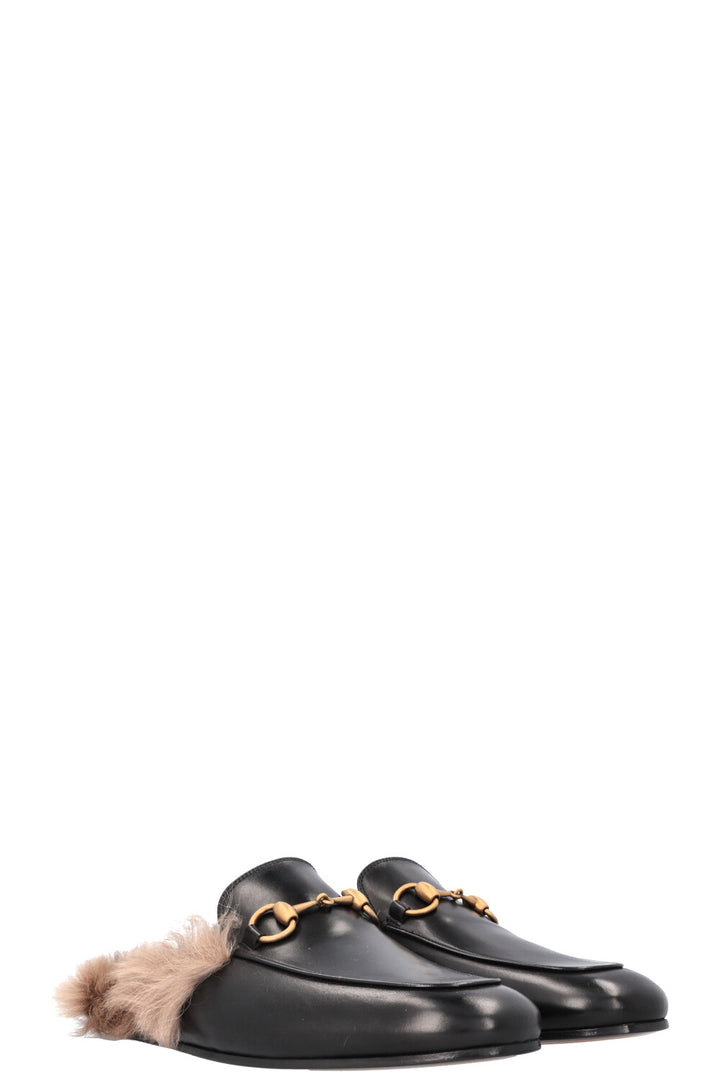 GUCCI Fur Princetown Mules Black Leather