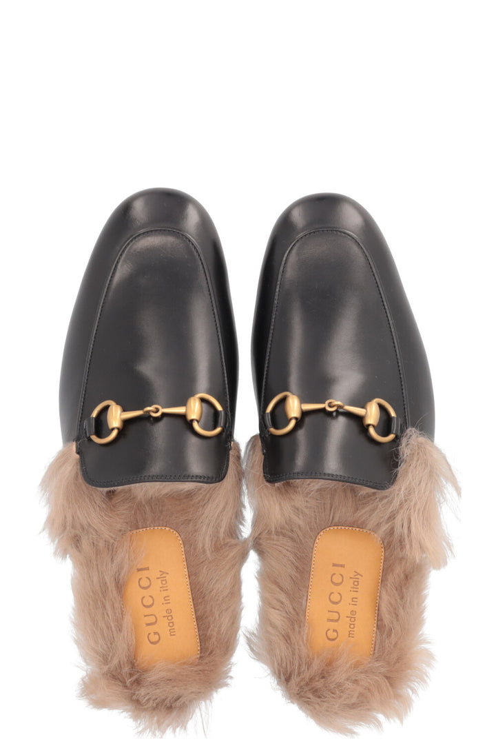 GUCCI Fur Princetown Mules Black Leather
