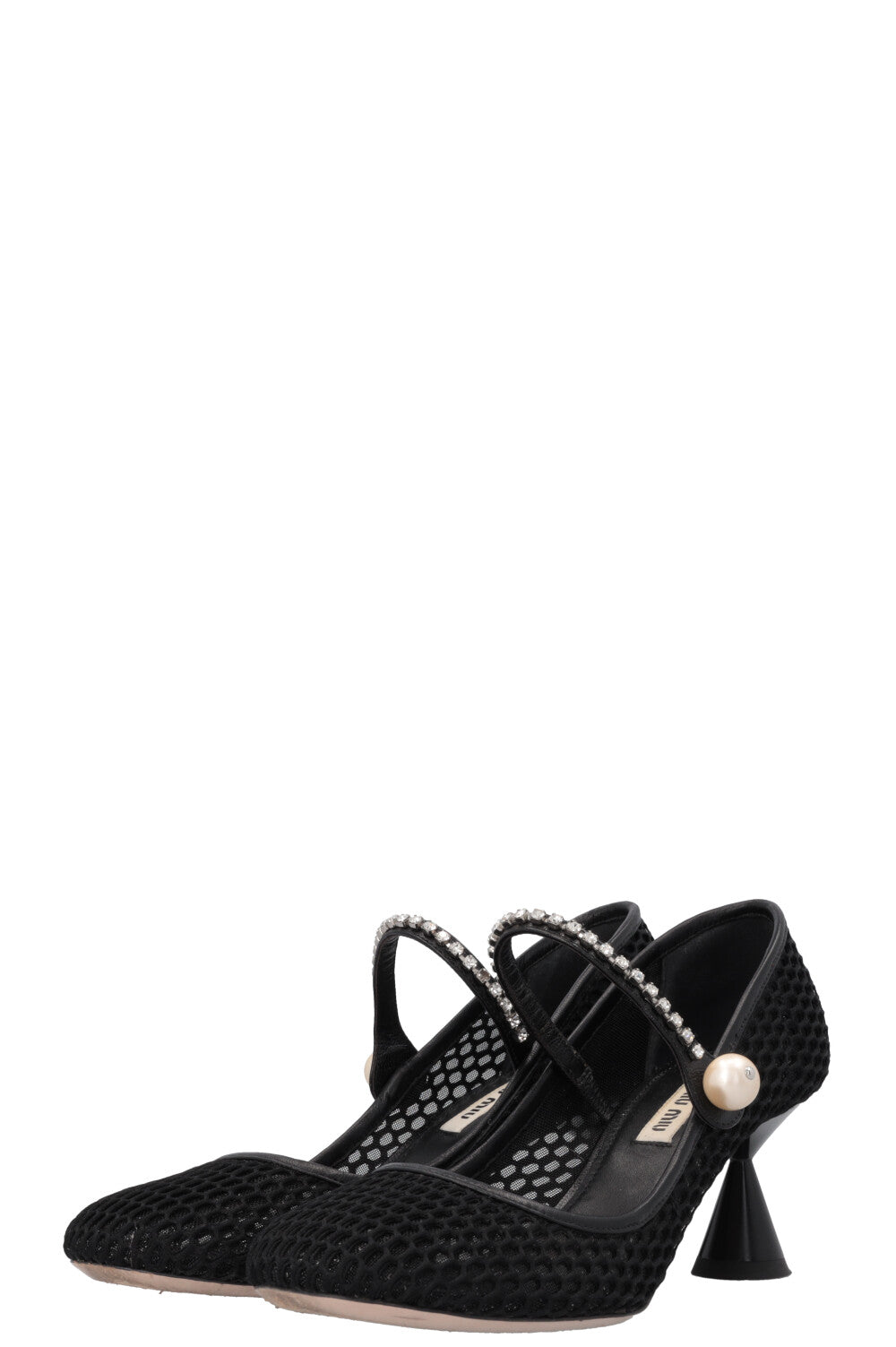 MIU MIU Crystal Mary Jane Heels Black Mesh – REAWAKE