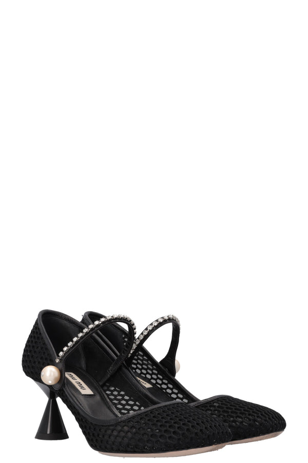 MIU MIU Crystal Mary Jane Heels Black Mesh
