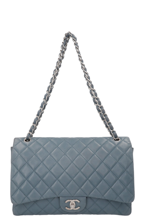 CHANEL Maxi Sac Double Rabat Cuir Bleu