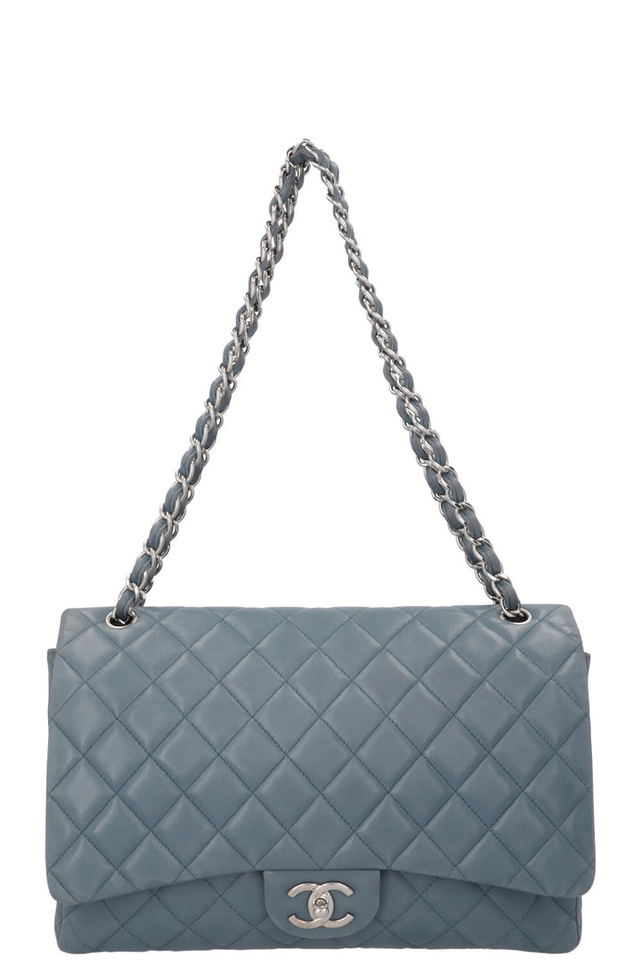 CHANEL Maxi Double Flap Bag Leather Blue