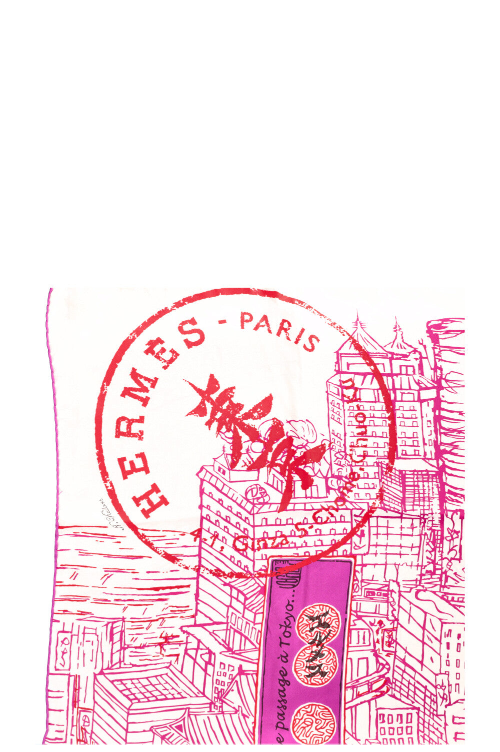 HERMÈS De Passage à Tokyo Carré 90 Soie Blanc Violet