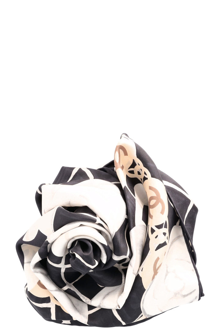 CHANEL Camellia Scarf Silk Black White