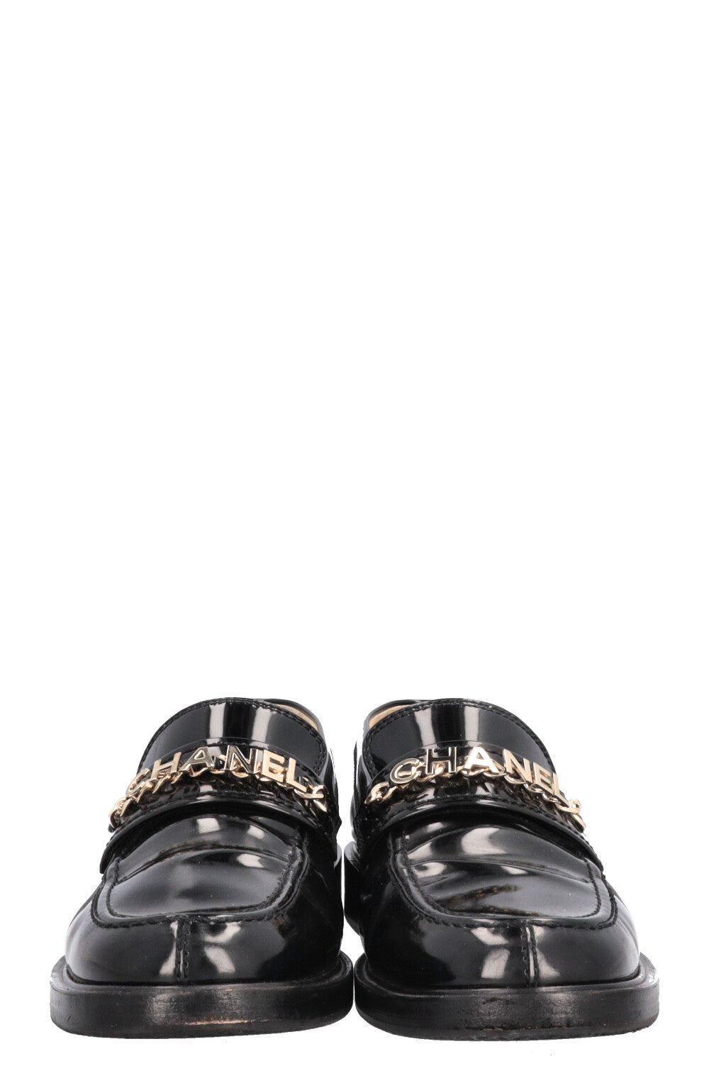 CHANEL Logo Loafers Patent Black