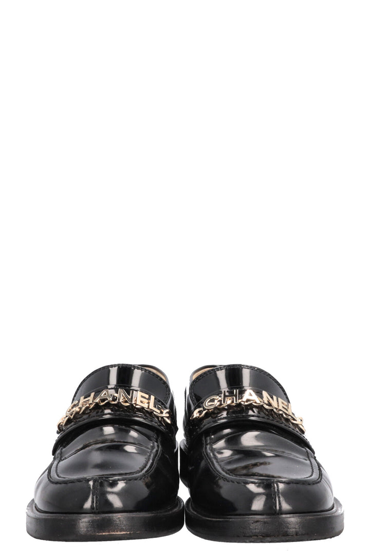 CHANEL Logo Loafers Patent Black