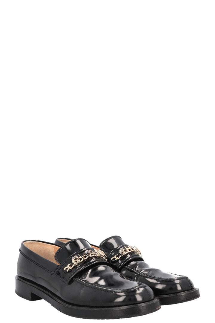 CHANEL Logo Loafers Patent Black