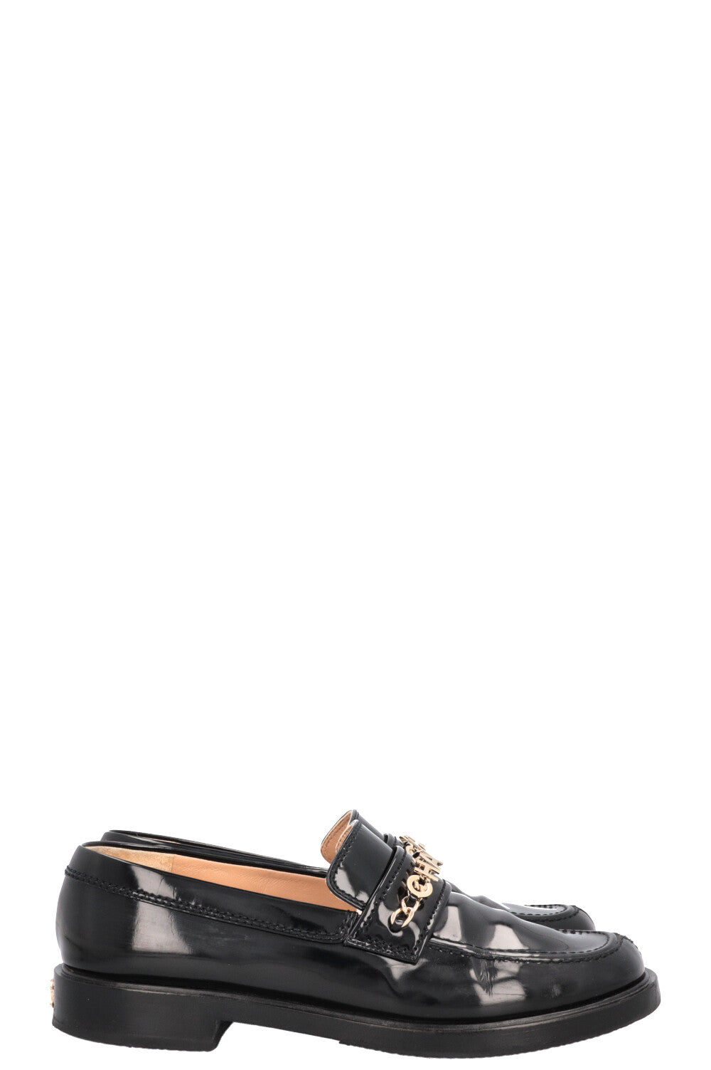 CHANEL Logo Loafers Patent Black
