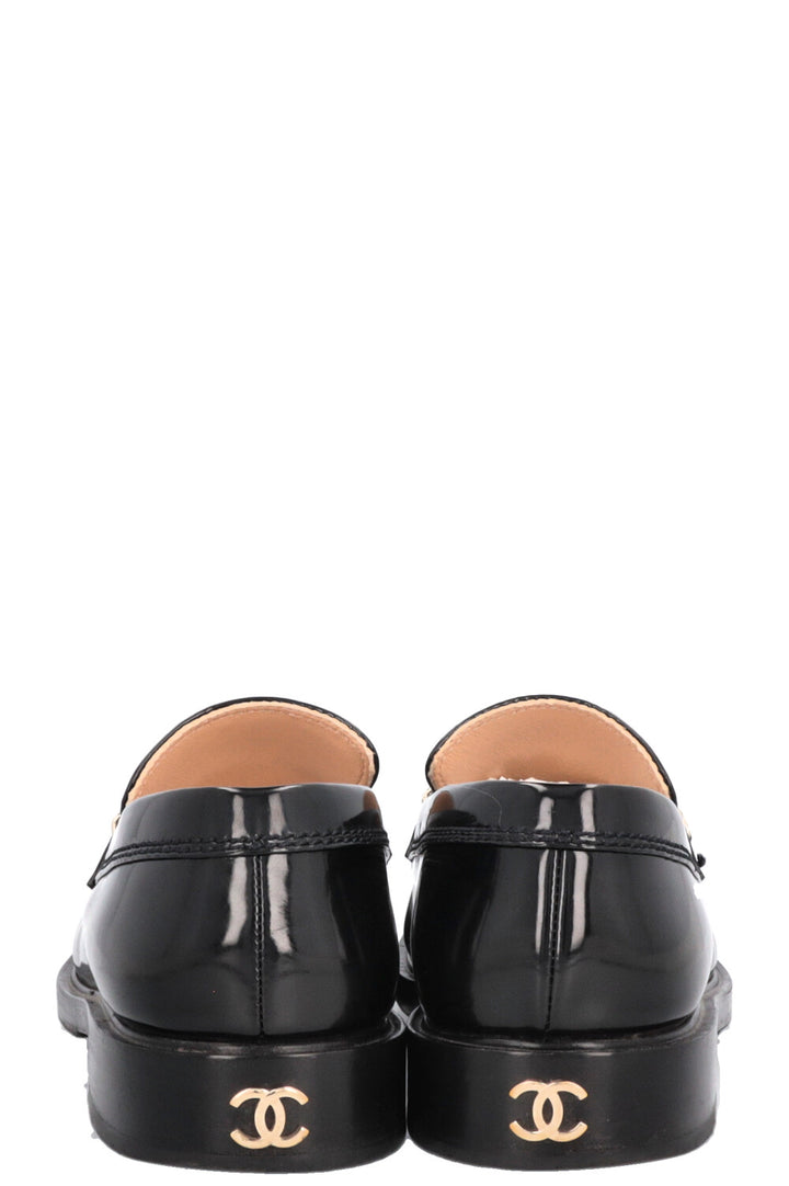 CHANEL Logo Loafers Patent Black