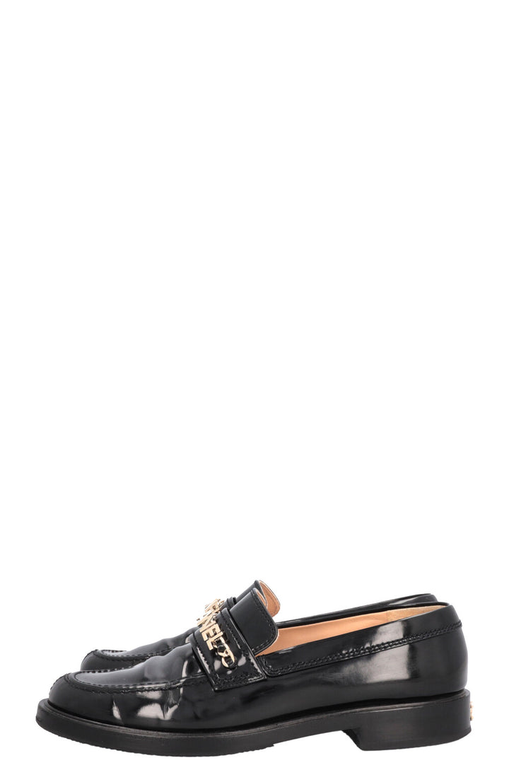 CHANEL Logo Loafers Patent Black