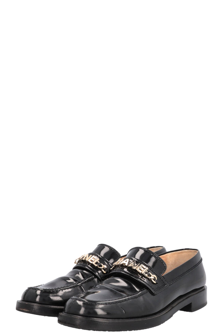 CHANEL Logo Loafers Patent Black