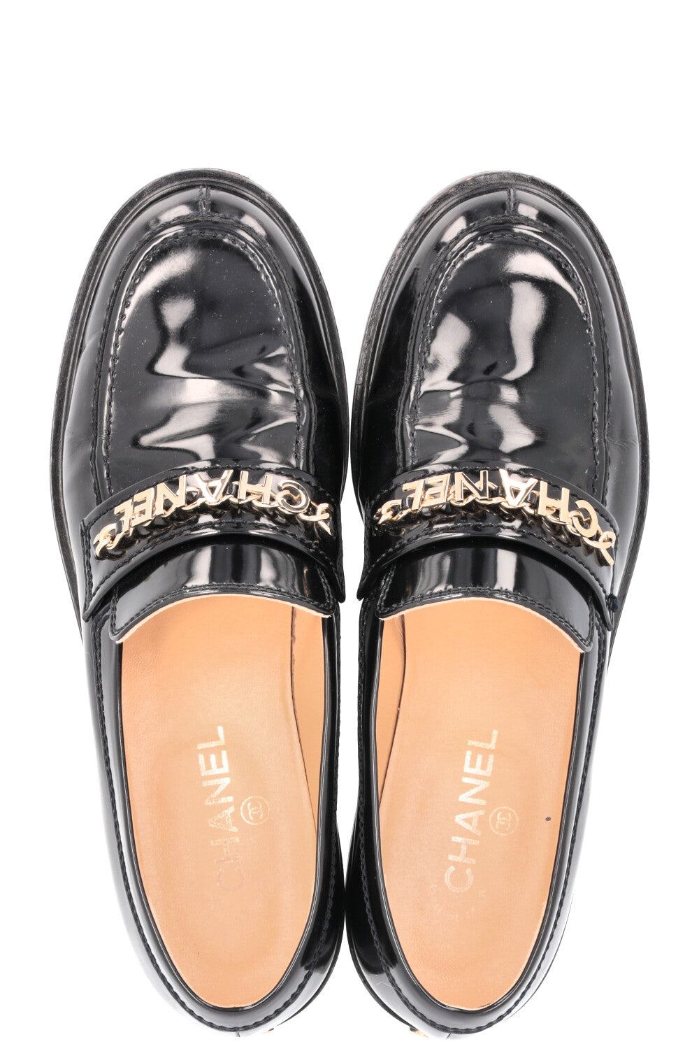 CHANEL Logo Loafers Patent Black