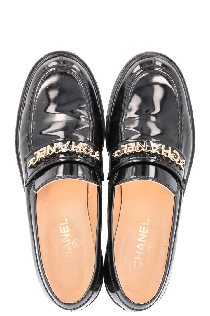 CHANEL Logo Loafers Patent Black