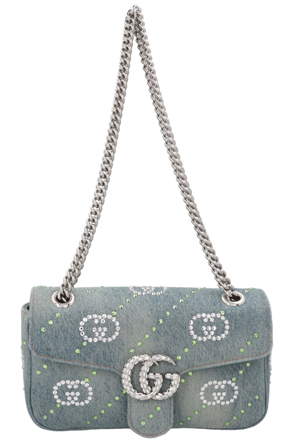 Sac bandoulière GUCCI petit modèle Marmont en denim orné de cristaux