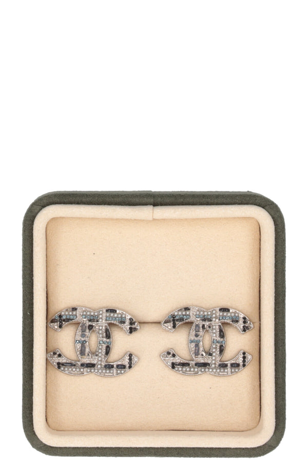 CHANEL 2019 Tweed Look CC Earrings Silver