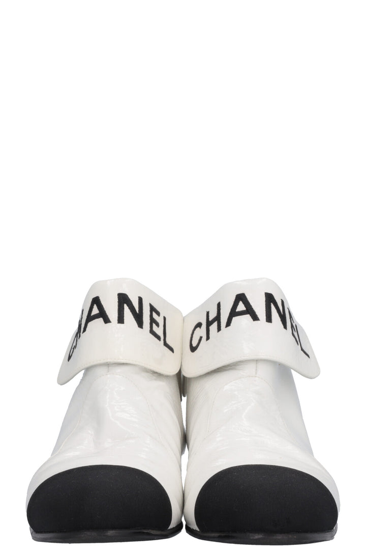 CHANEL Logo Patent Leather Ankle Boots White