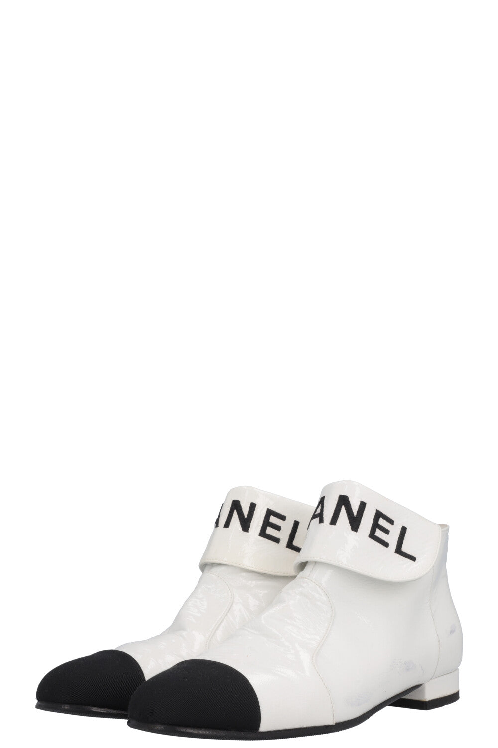 CHANEL Logo Patent Leather Ankle Boots White