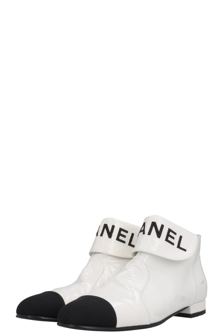 CHANEL Logo Patent Leather Ankle Boots White