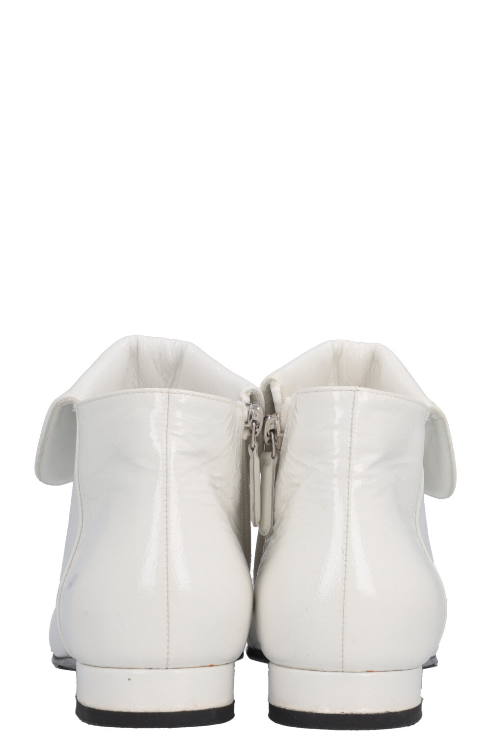 CHANEL Logo Patent Leather Ankle Boots White