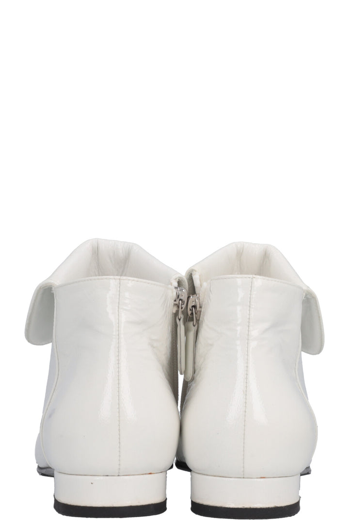 CHANEL Logo Patent Leather Ankle Boots White