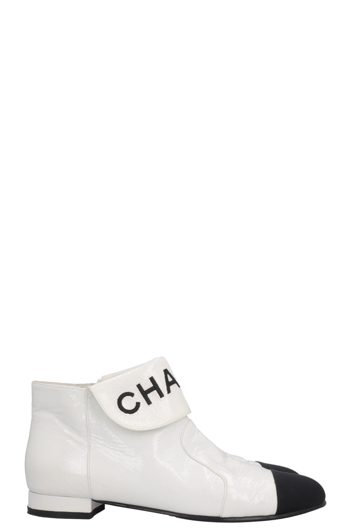 CHANEL Logo Patent Leather Ankle Boots White