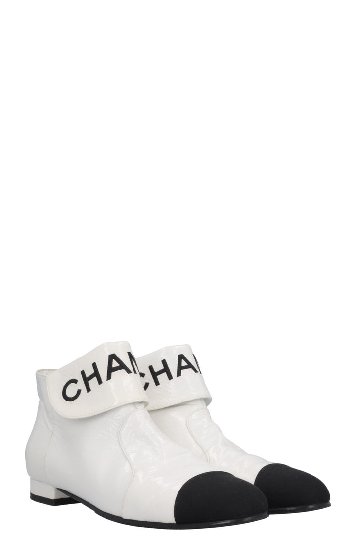CHANEL Logo Patent Leather Ankle Boots White