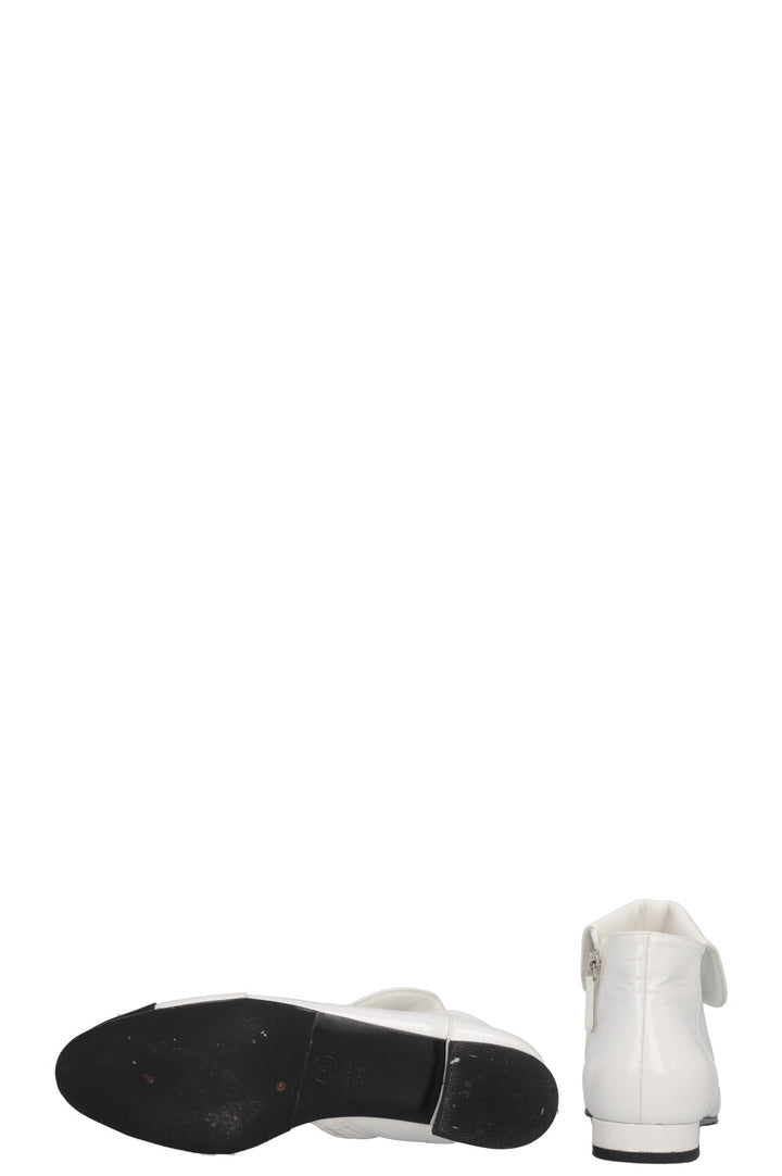 CHANEL Logo Patent Leather Ankle Boots White