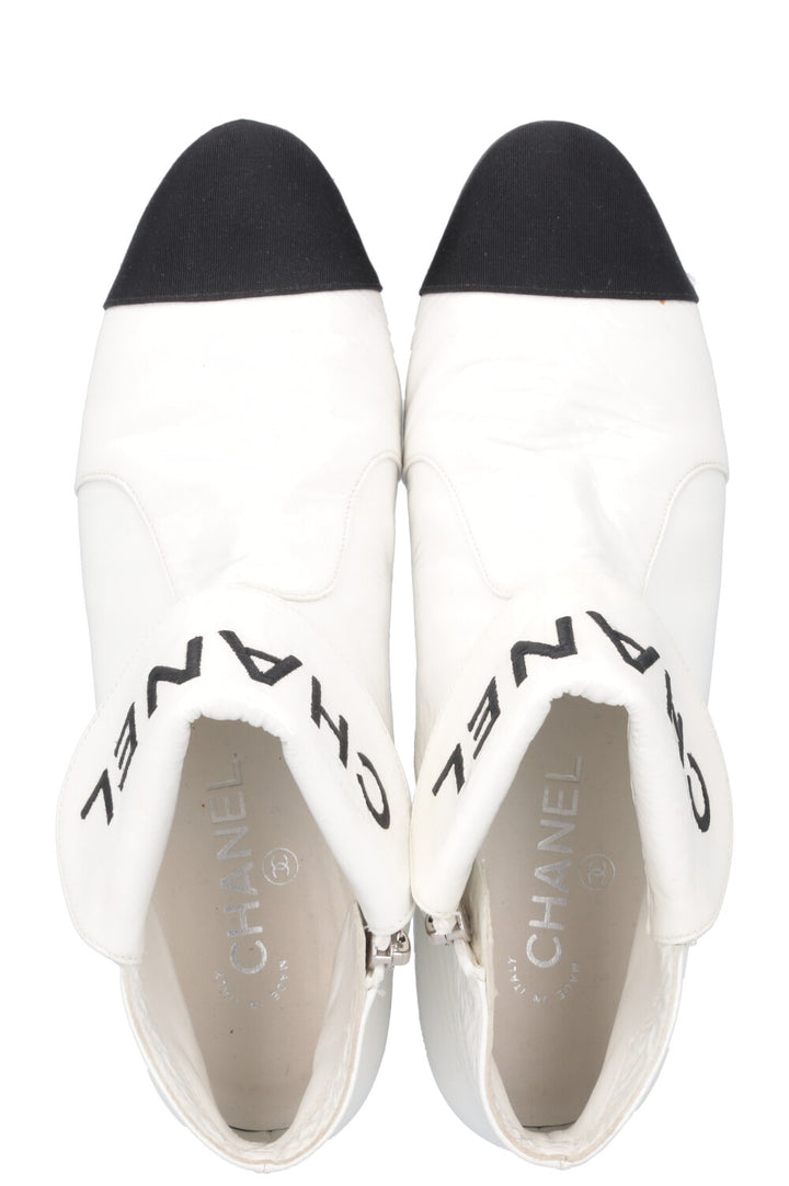 CHANEL Logo Patent Leather Ankle Boots White