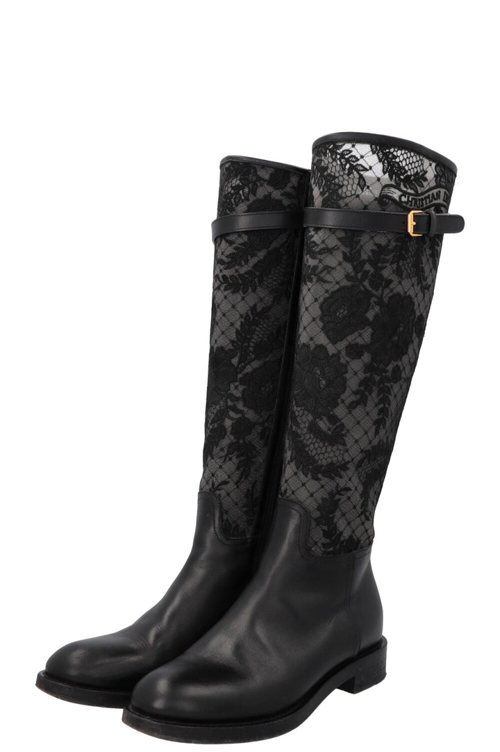 CHRISTIAN DIOR Lace Leather Boots Black