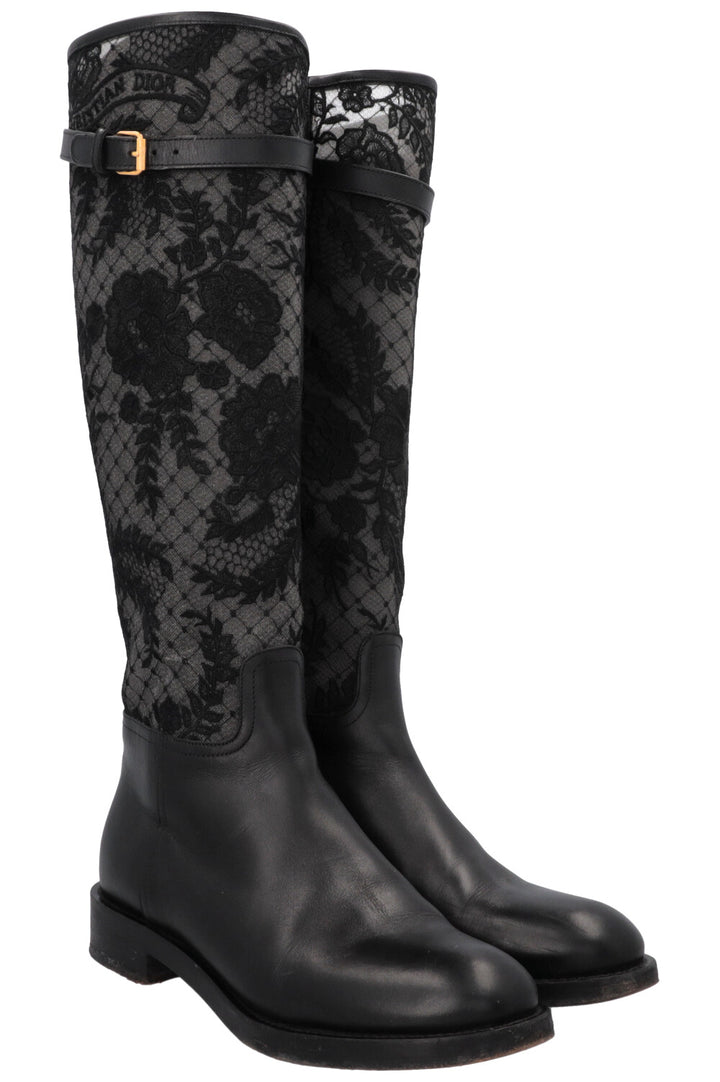 CHRISTIAN DIOR Lace Leather Boots Black