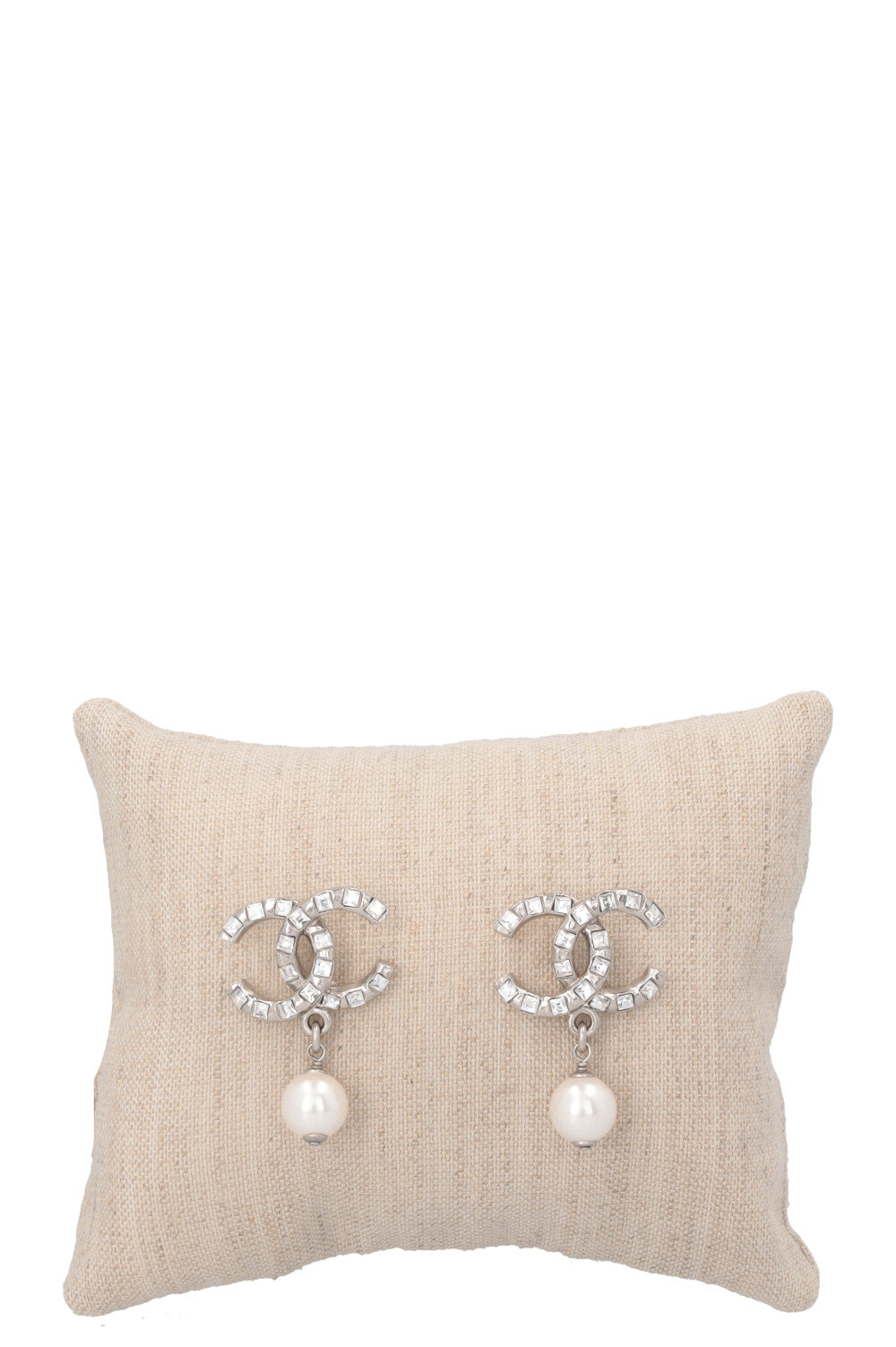 CHANEL CC Pearl Crystal Earrings Silver