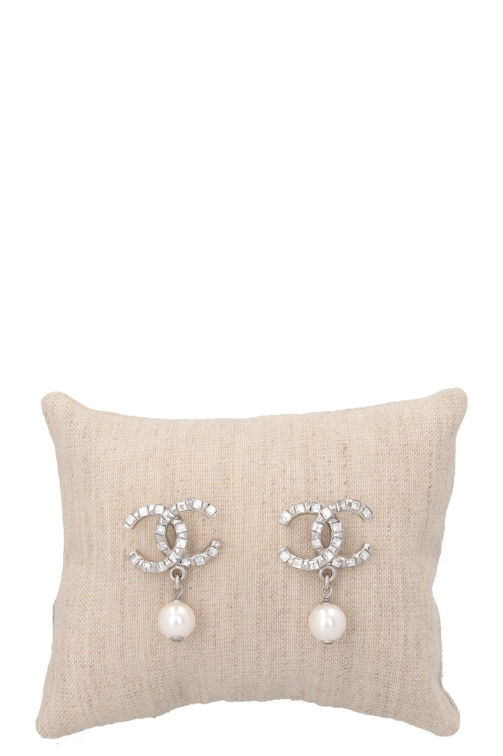 CHANEL CC Pearl Crystal Earrings Silver