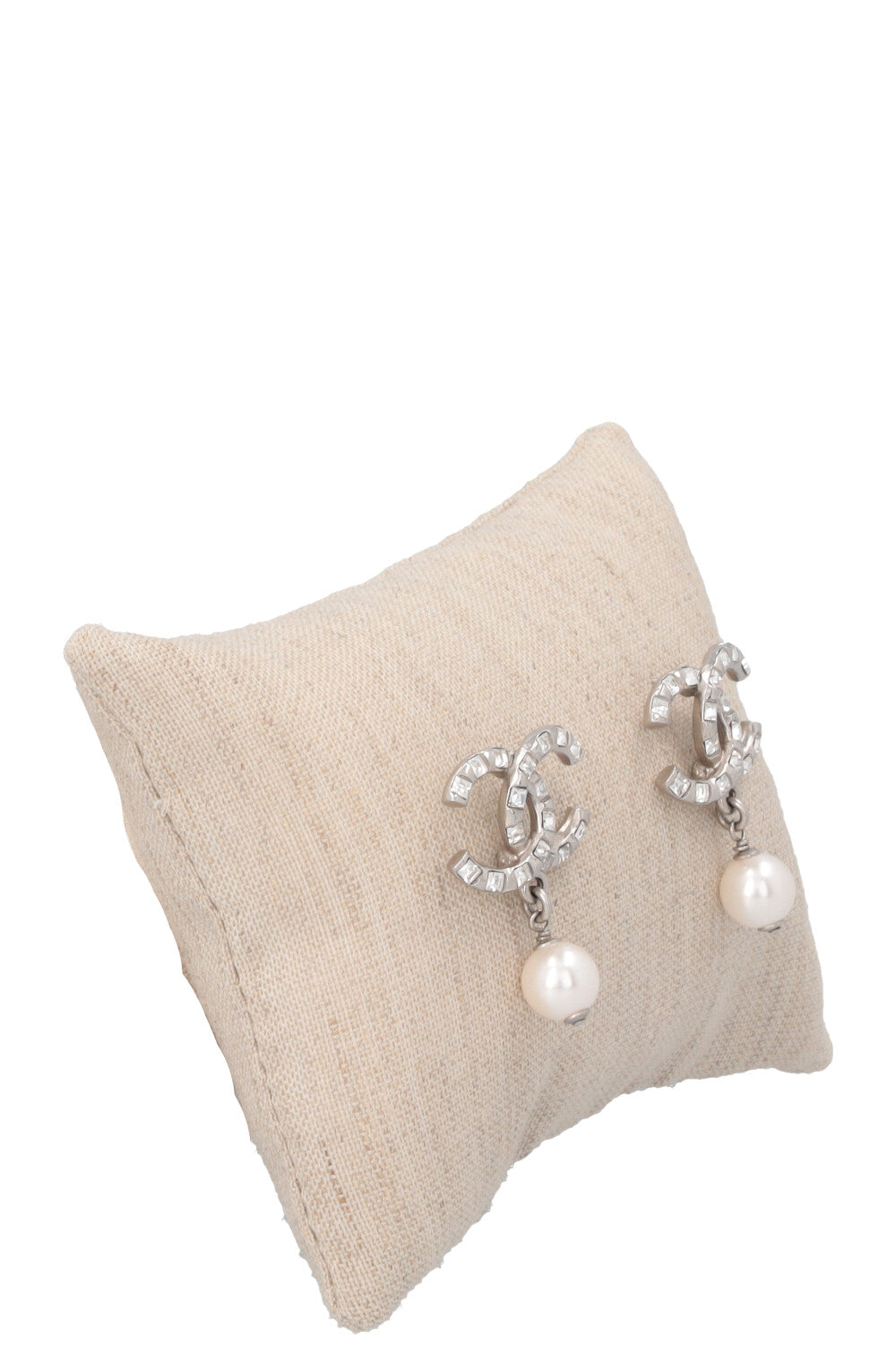CHANEL CC Pearl Crystal Earrings Silver