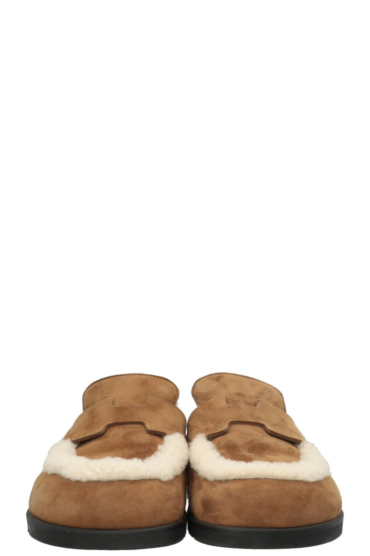 HERMÈS Go Muls Suede Shearling Smoked Brown/Ecru