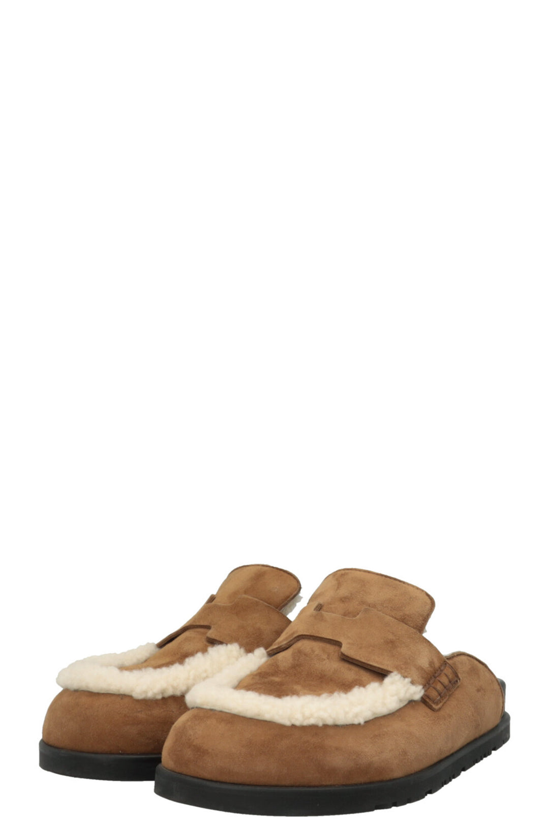 HERMÈS Go Muls Suede Shearling Smoked Brown/Ecru