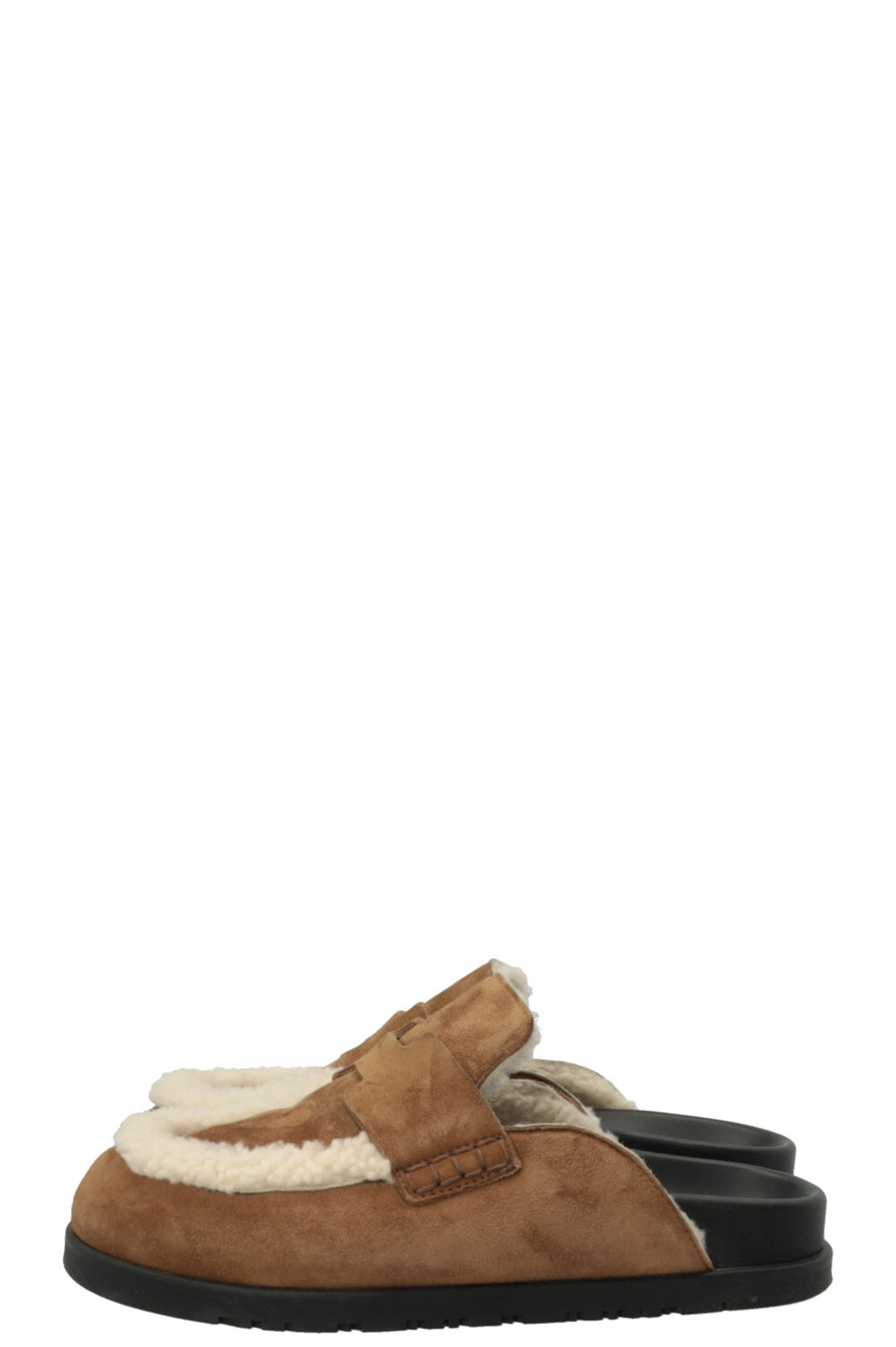 HERMÈS Go Muls Suede Shearling Smoked Brown/Ecru