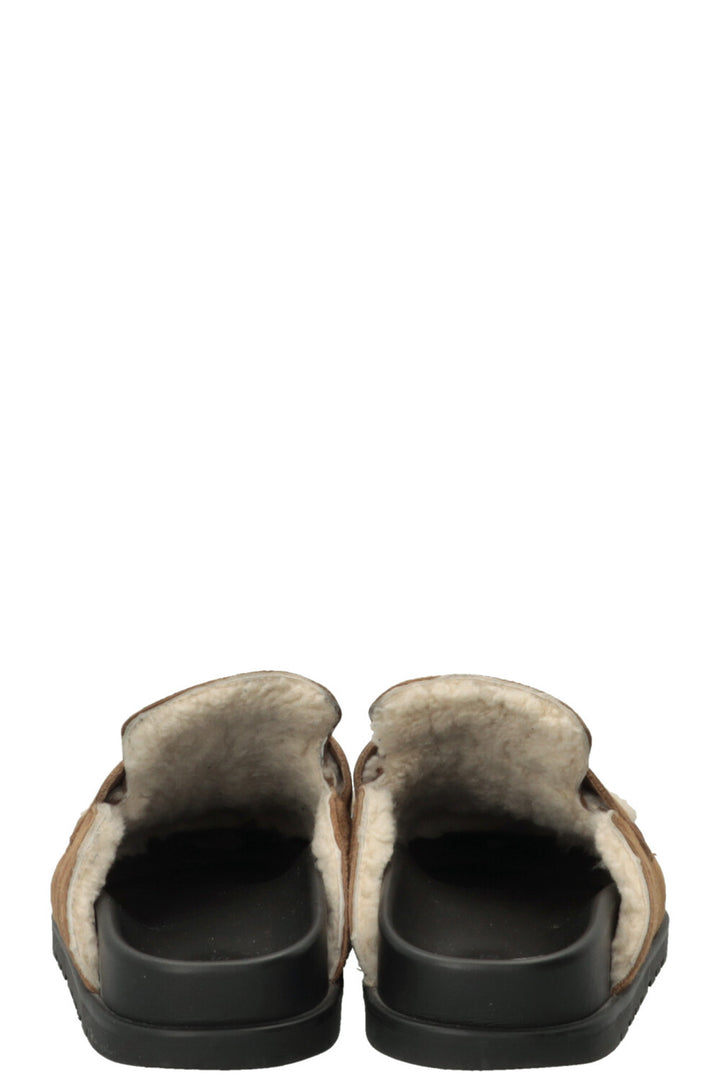 HERMÈS Go Muls Suede Shearling Smoked Brown/Ecru