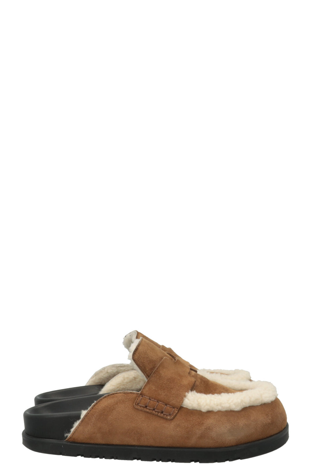 HERMÈS Go Muls Suede Shearling Smoked Brown/Ecru