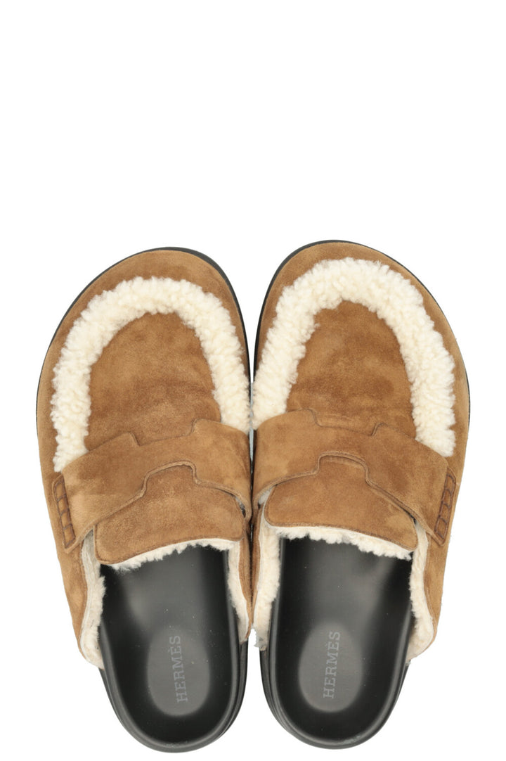 HERMÈS Go Muls Suede Shearling Smoked Brown/Ecru