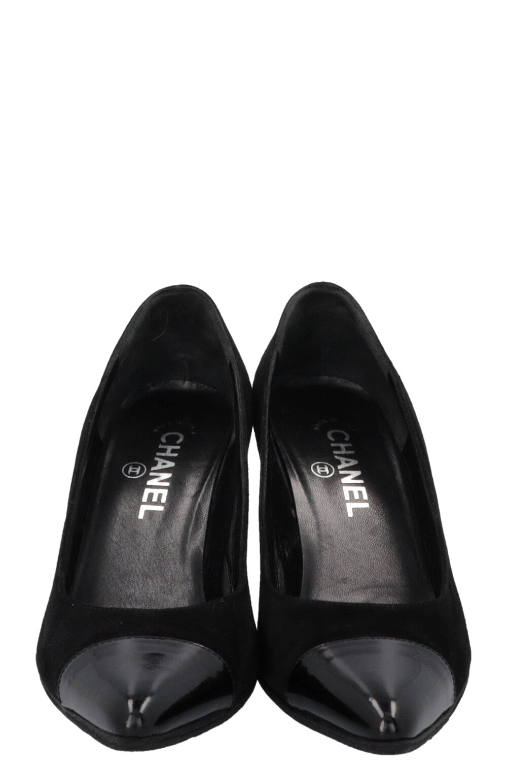 CHANEL Patent Cap Toe Heels Suede Black