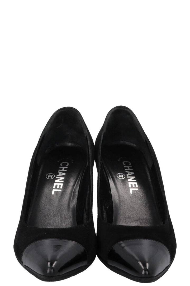CHANEL Patent Cap Toe Heels Suede Black