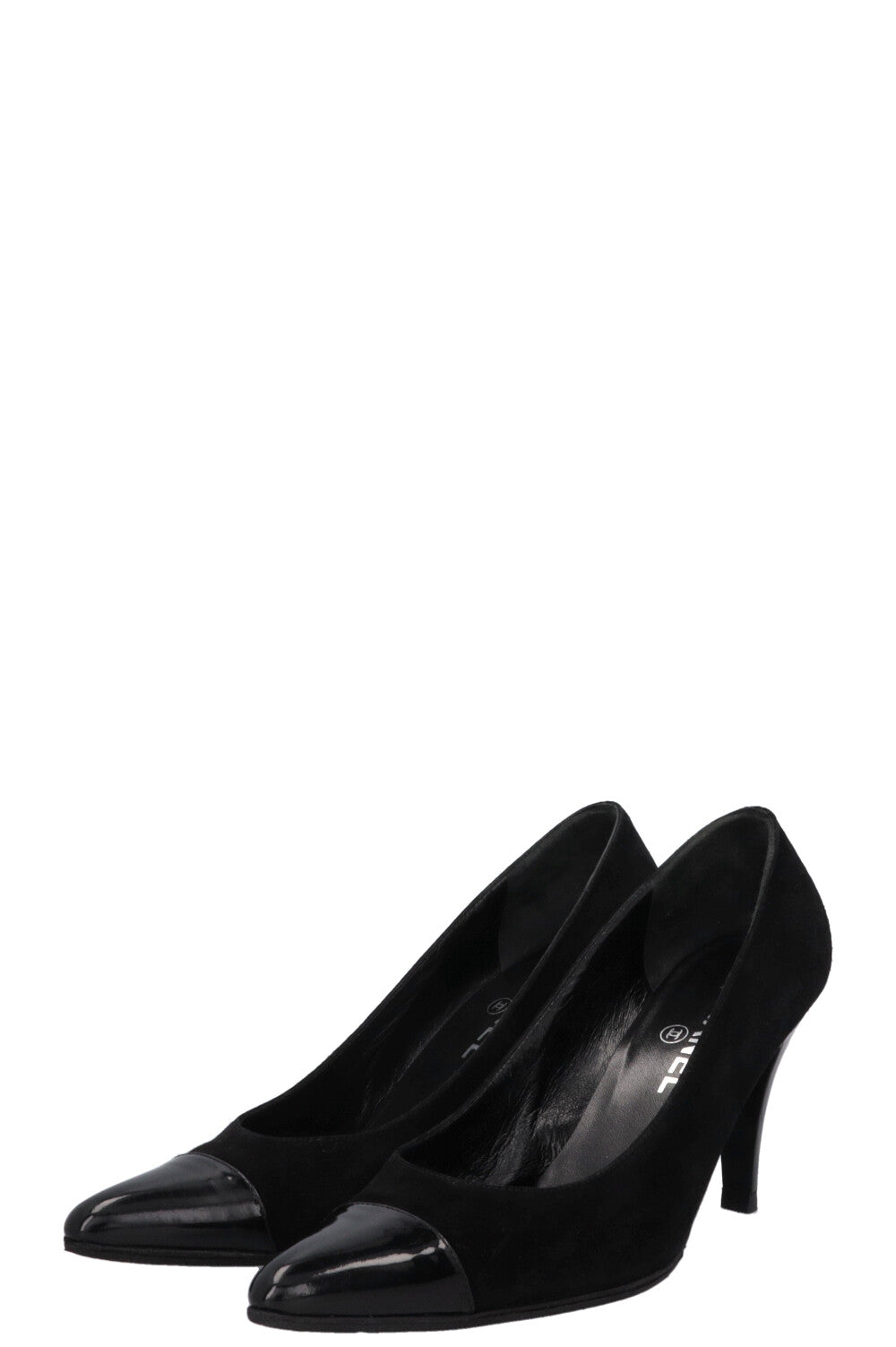 CHANEL Patent Cap Toe Heels Suede Black