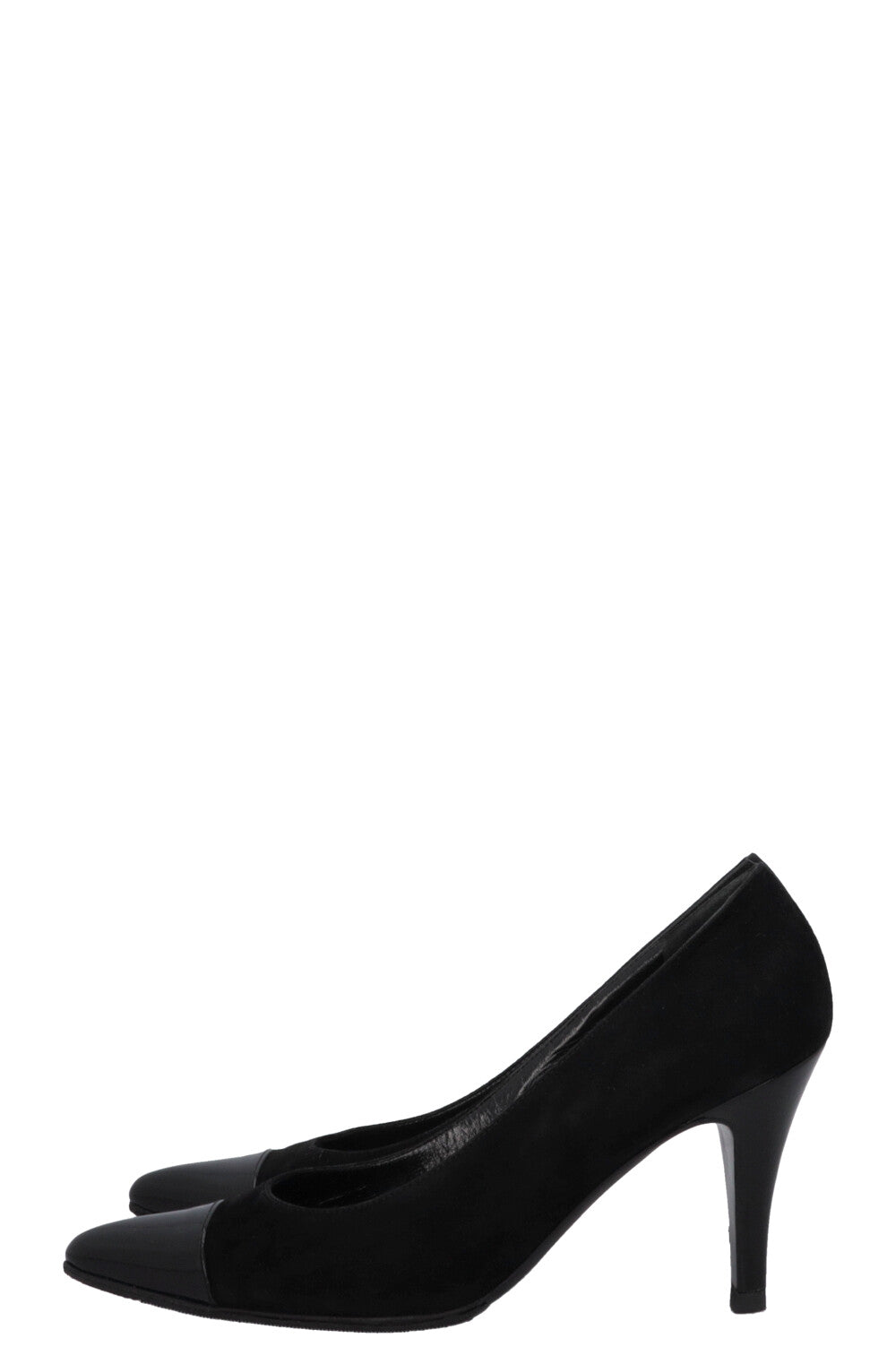 CHANEL Patent Cap Toe Heels Suede Black